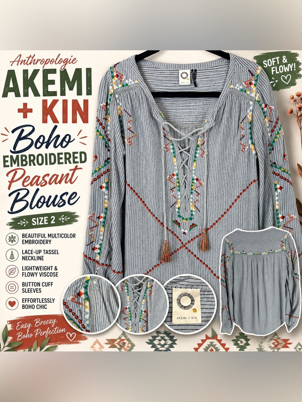 Anthropologie Akemi + Kin Embroidered Boho Peasant Blouse Size 2